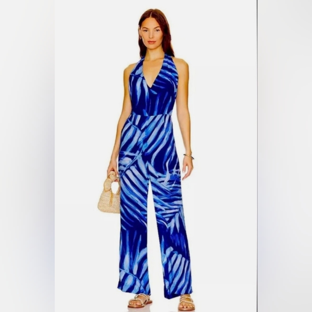 NWT Bella Dahl Blue Palm Open Back Halter Jumpsuit